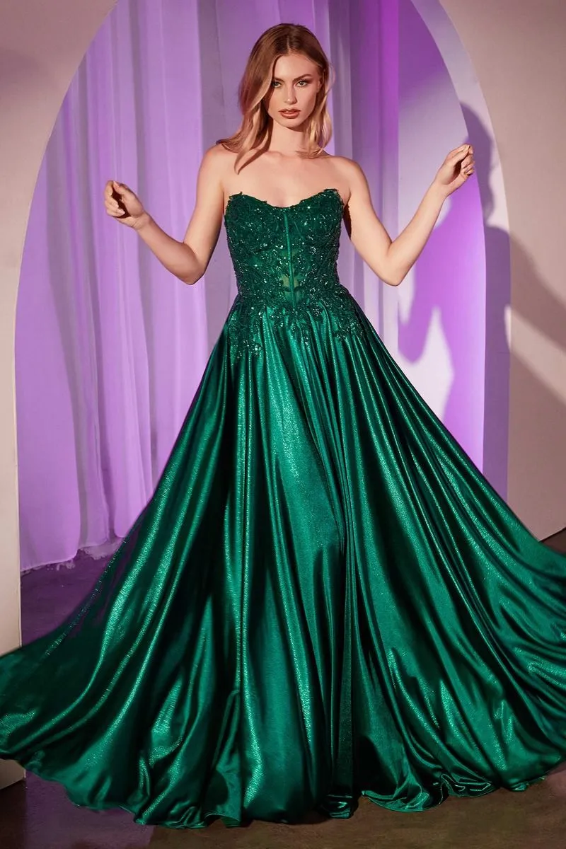 CD CDS525 - Strapless or Off the Shoulder Satin A-Line Prom Gown with Beaded Lace Appliqued Bodice