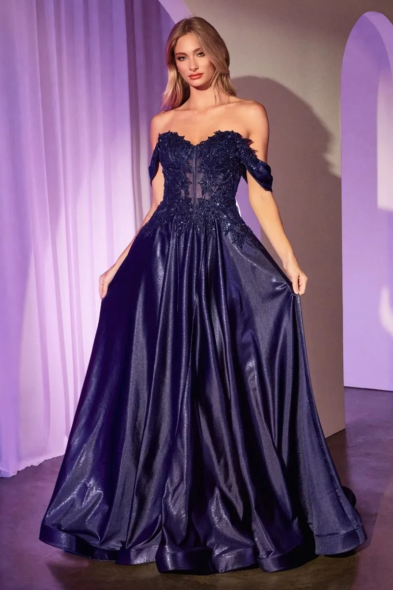 CD CDS525 - Strapless or Off the Shoulder Satin A-Line Prom Gown with Beaded Lace Appliqued Bodice