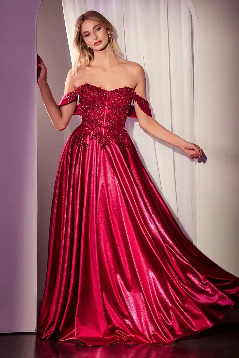 CD CDS525 - Strapless or Off the Shoulder Satin A-Line Prom Gown with Beaded Lace Appliqued Bodice
