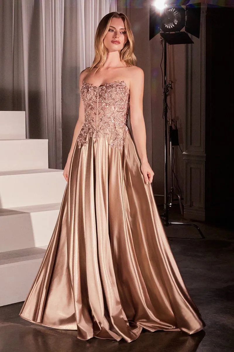 CD CDS525 - Strapless or Off the Shoulder Satin A-Line Prom Gown with Beaded Lace Appliqued Bodice