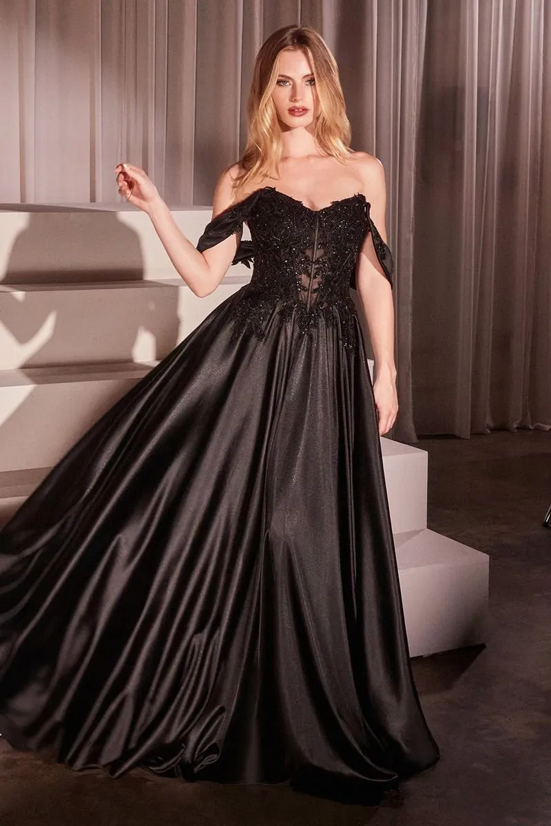 CD CDS525 - Strapless or Off the Shoulder Satin A-Line Prom Gown with Beaded Lace Appliqued Bodice