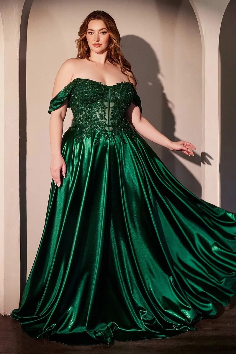 CD CDS525 - Strapless or Off the Shoulder Satin A-Line Prom Gown with Beaded Lace Appliqued Bodice