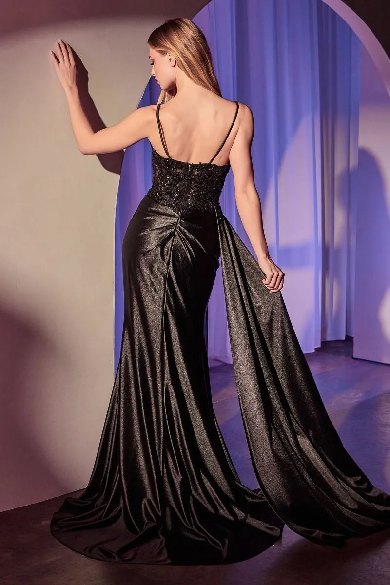 CD KV1117 - Stretch Satin Fit & Flare Prom Gown with Beaded Lace Bodice Side Sash & Leg Slit
