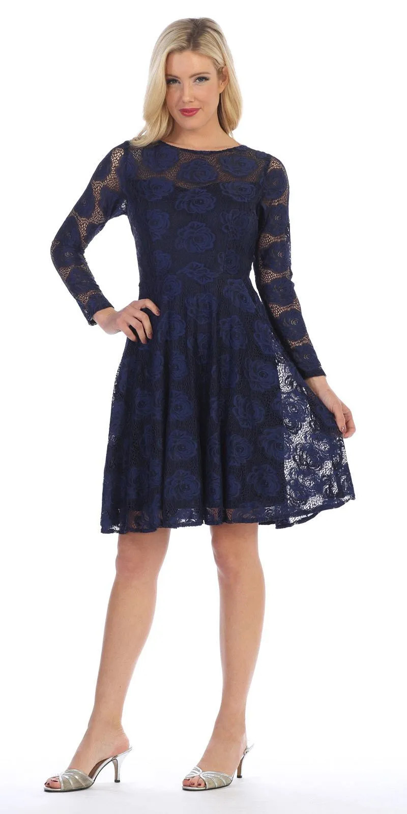 Celavie 6327 Scoop Neckline Long Sleeve A-Line Short Dress