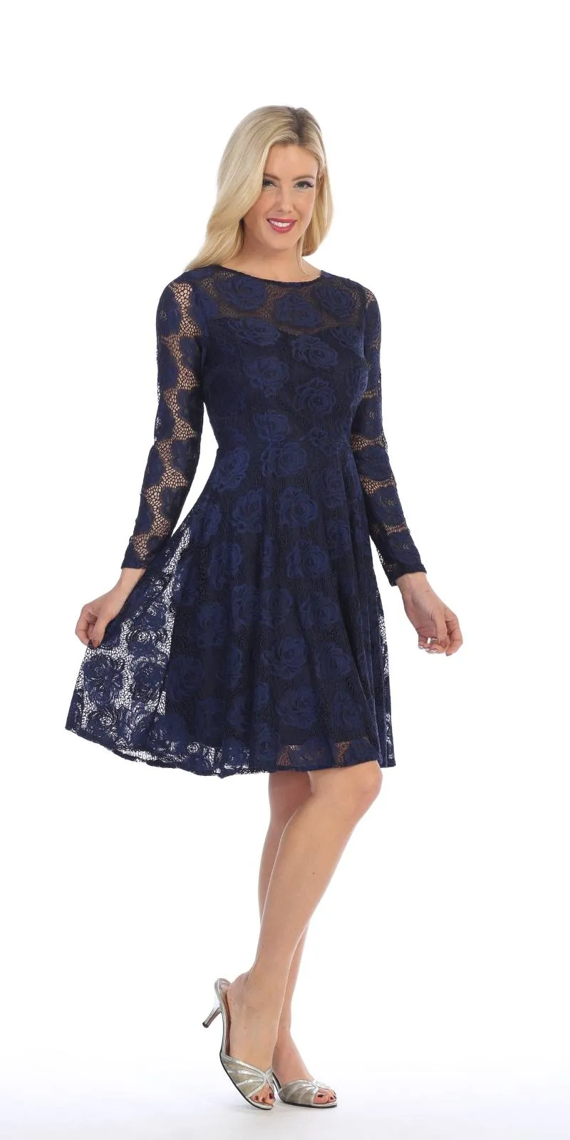 Celavie 6327 Scoop Neckline Long Sleeve A-Line Short Dress
