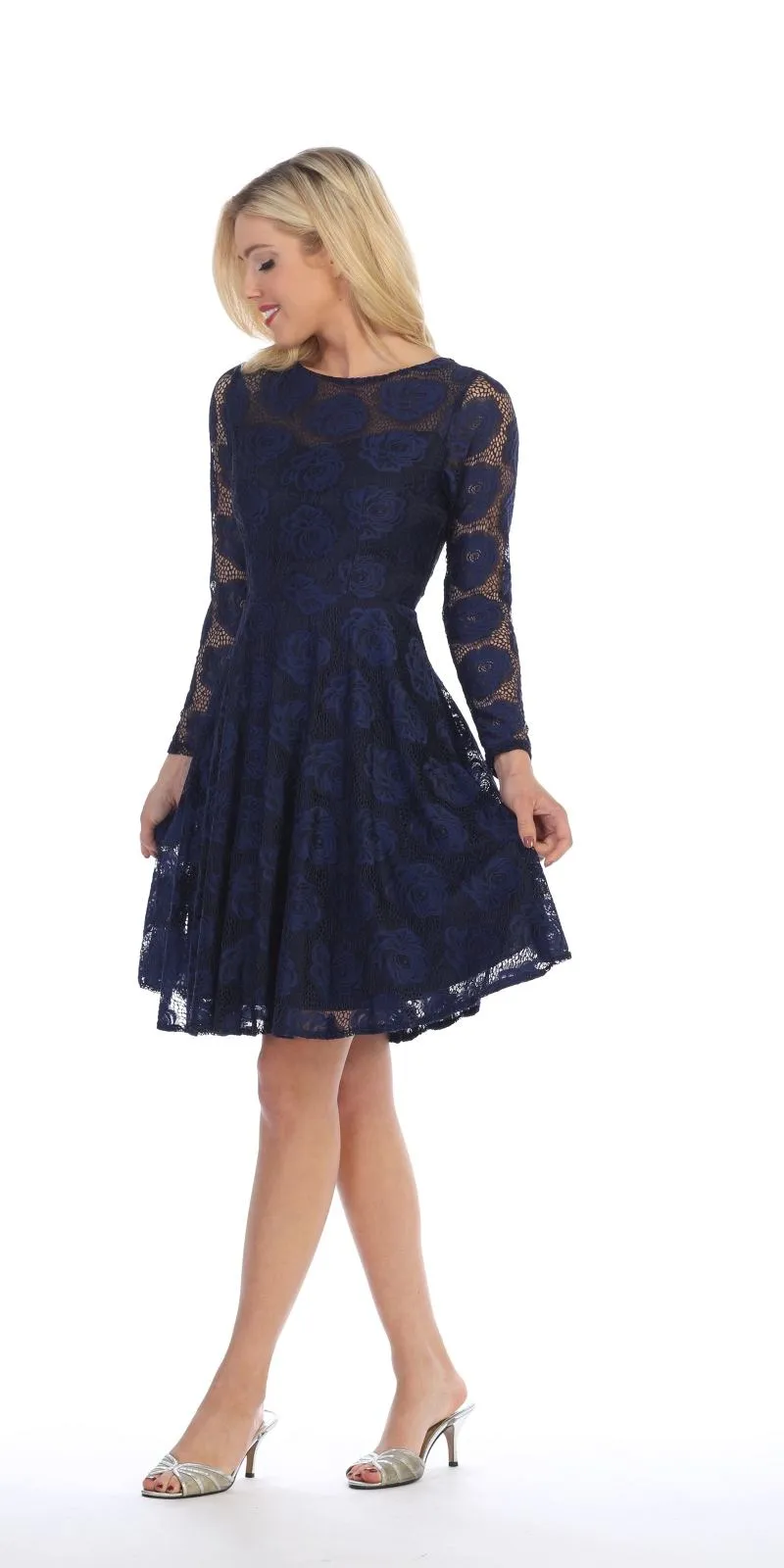 Celavie 6327 Scoop Neckline Long Sleeve A-Line Short Dress