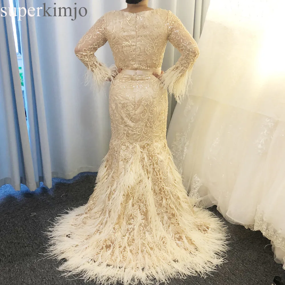 champagne evening dresses 2020 long sleeve feather mermaid beaded evening gown 2020 vestido de festa