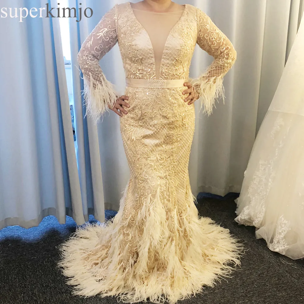 champagne evening dresses 2020 long sleeve feather mermaid beaded evening gown 2020 vestido de festa