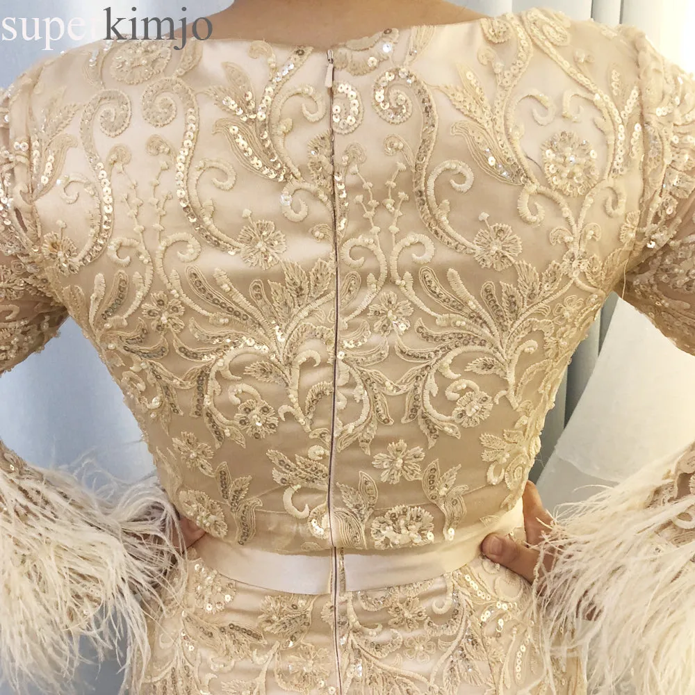 champagne evening dresses 2020 long sleeve feather mermaid beaded evening gown 2020 vestido de festa