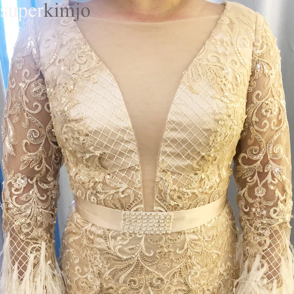 champagne evening dresses 2020 long sleeve feather mermaid beaded evening gown 2020 vestido de festa