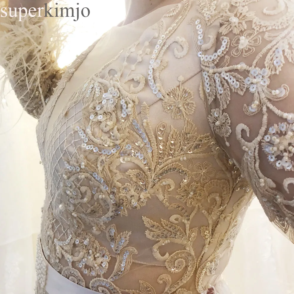 champagne evening dresses 2020 long sleeve feather mermaid beaded evening gown 2020 vestido de festa