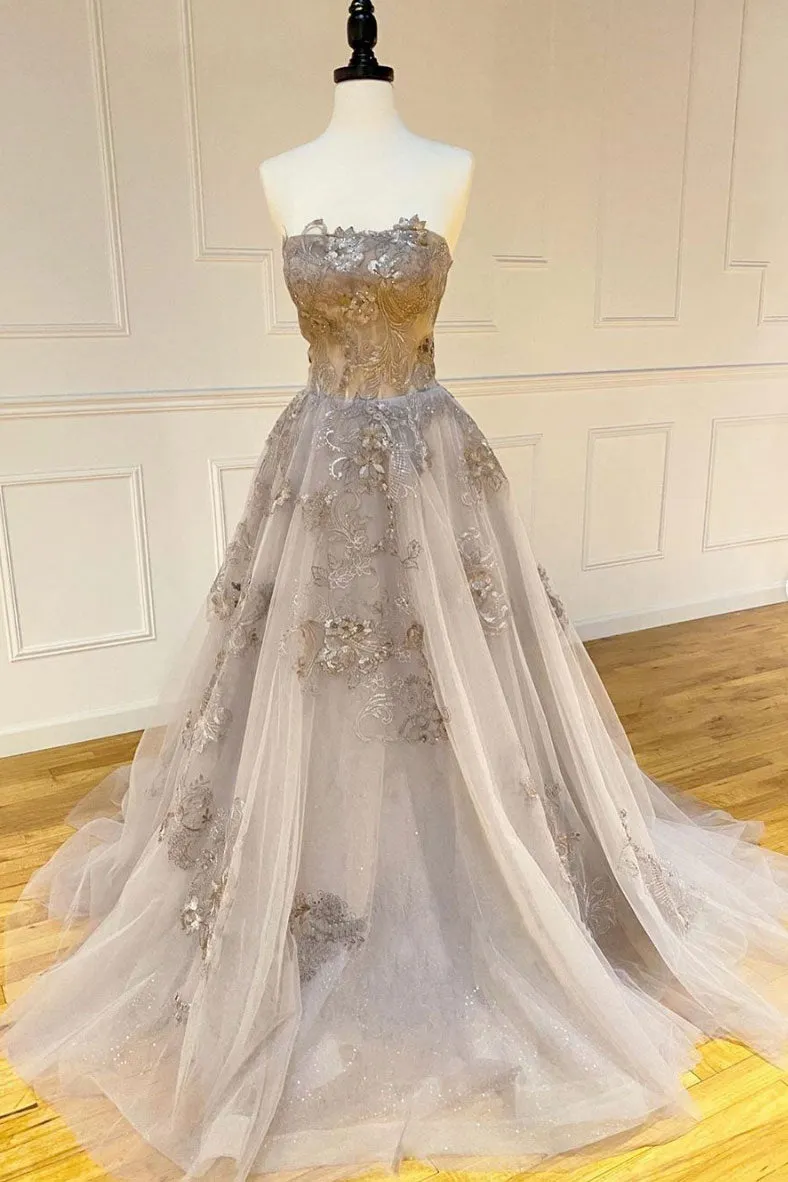 Champagne tulle lace long prom dress lace formal dress