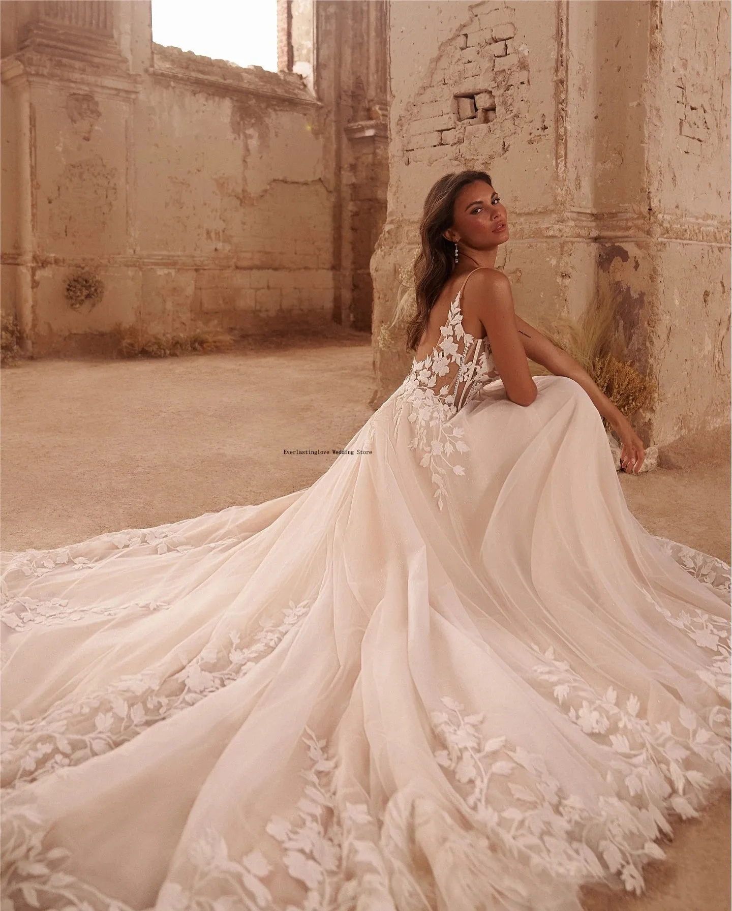 Charming Spaghetti Straps V-neck Wedding Dresses Shiny Tulle With Applique Backless Bohemia Lace Bridal Gowns Rode De Morrie
