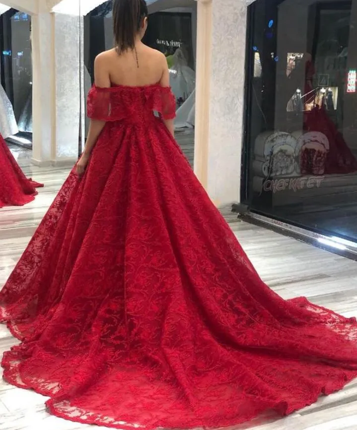 Cheap 2025 Off The Shoulder Lace Prom Dresses Red Long Party Dresses