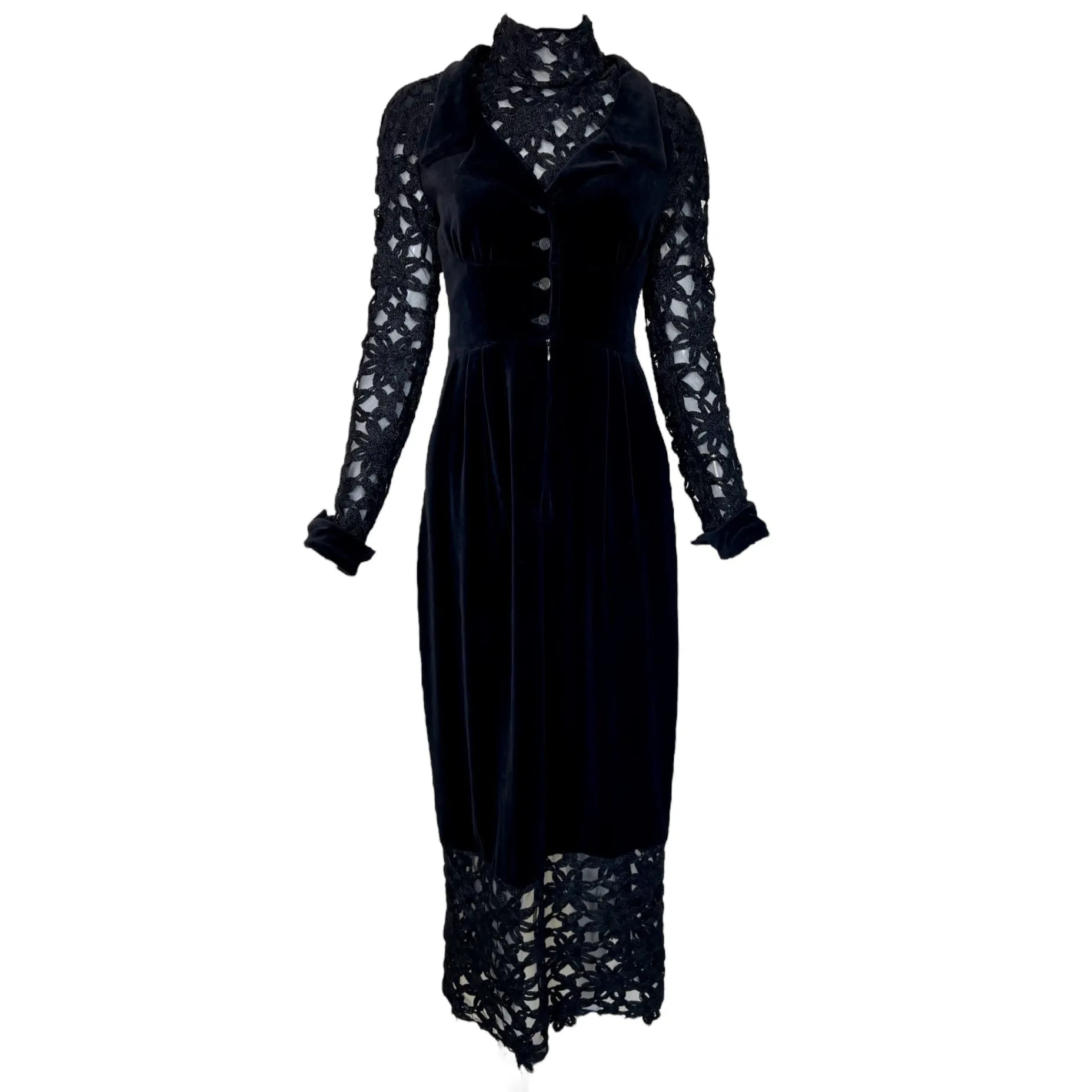 Chloe A/W 1993 Black Velvet & Crochet Neo-Victorian 2 Piece Dress