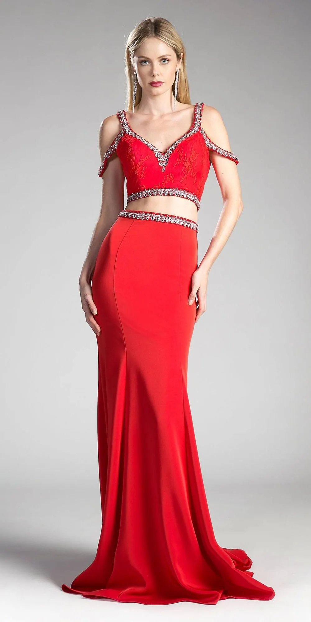 Cinderella Divine 13114A Cold-Shoulder Crop Top Two-Piece Long Dress