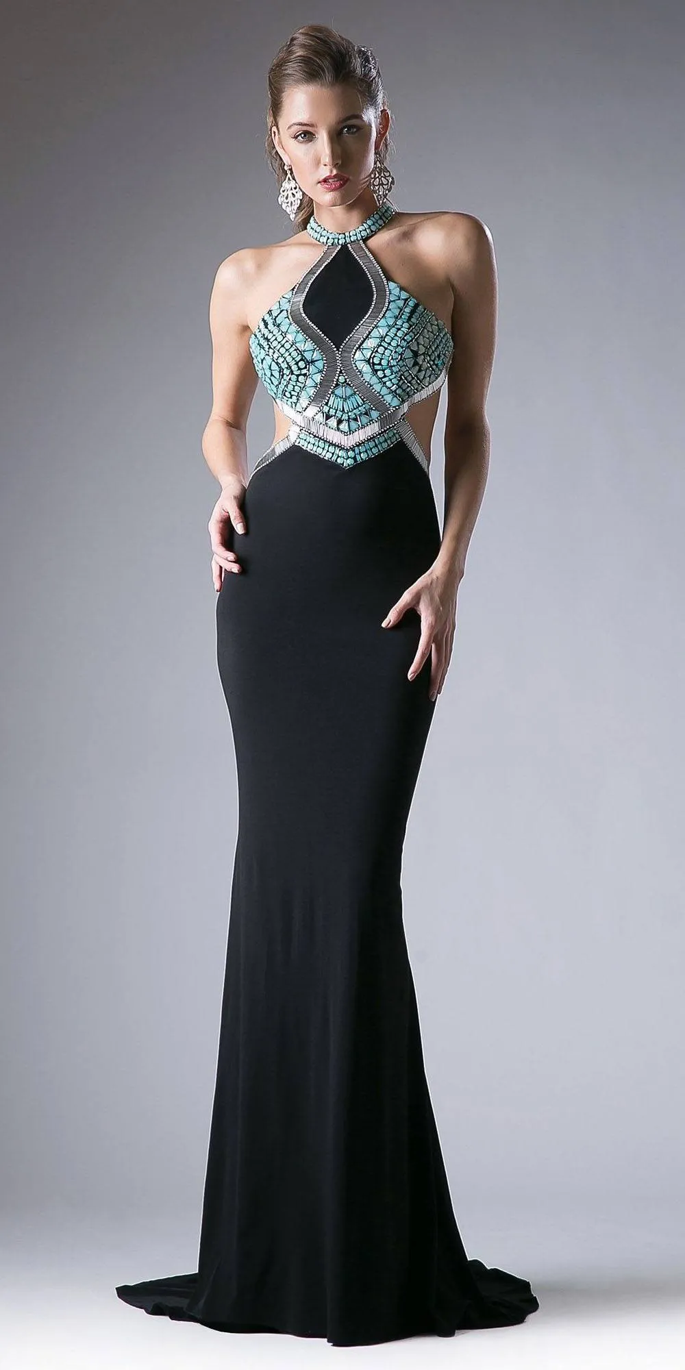 Cinderella Divine 5012 Halter Beaded Cut Out Bodice Long Dress Open Back