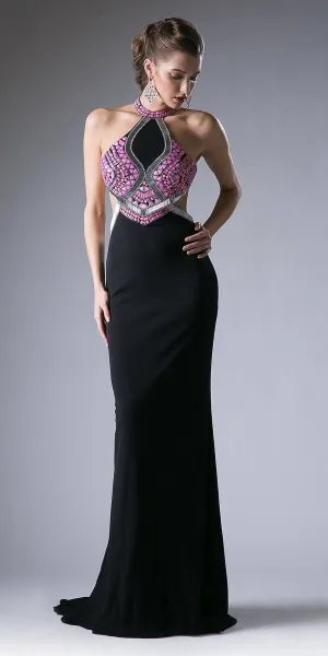 Cinderella Divine 5012 Halter Beaded Cut Out Bodice Long Dress Open Back