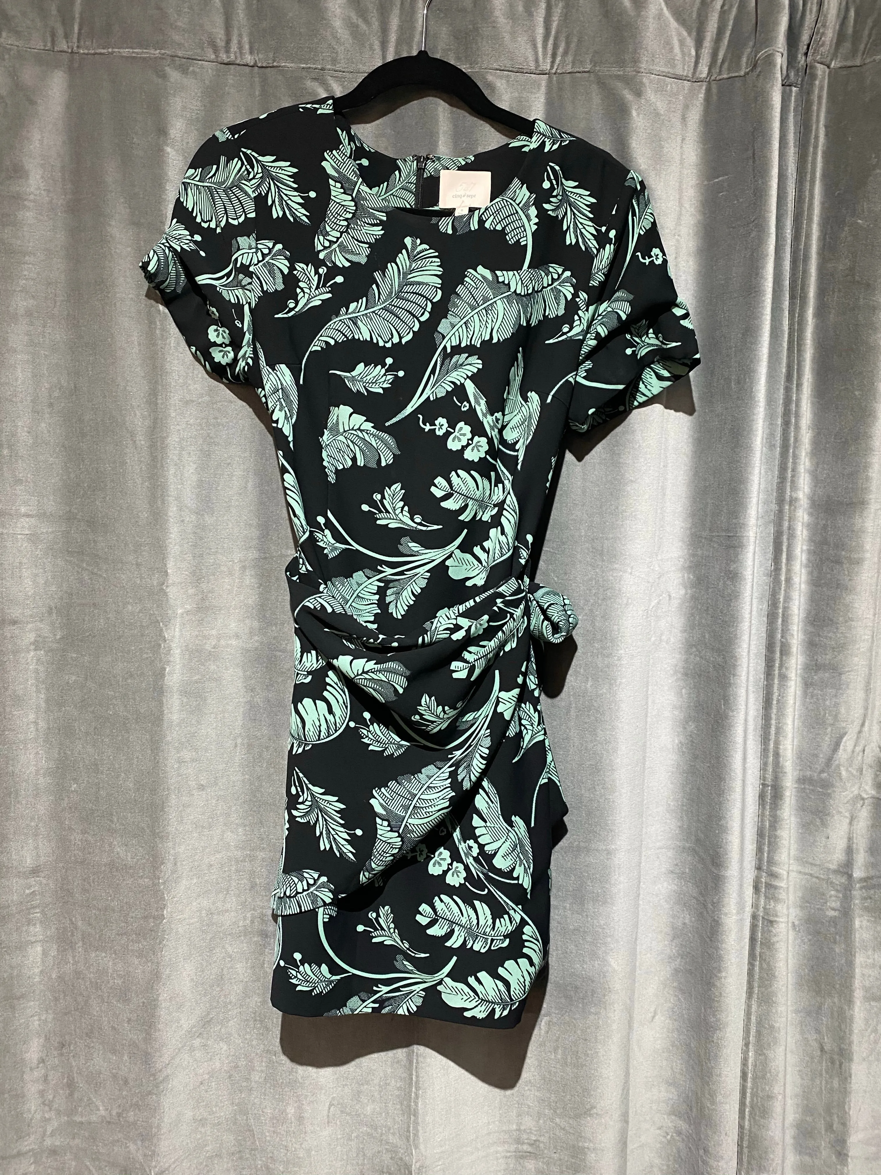 Cinq a sept Short Sleeve Tie-Side Palm Print Mini Dress