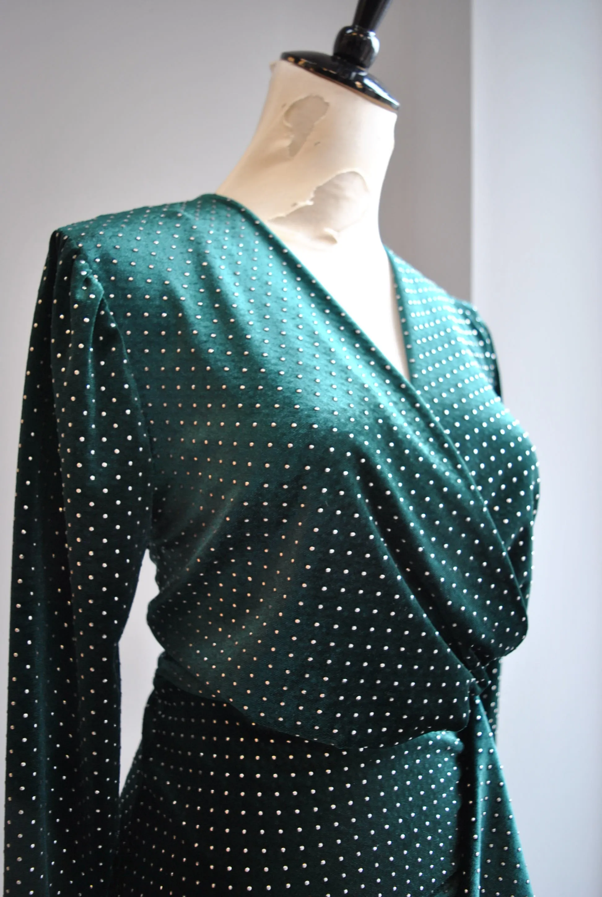 CLEARANCE - EMERALD GREEN VELVET WITH STUDS MINI PARTY DRESS WITH SIDE RUSHING