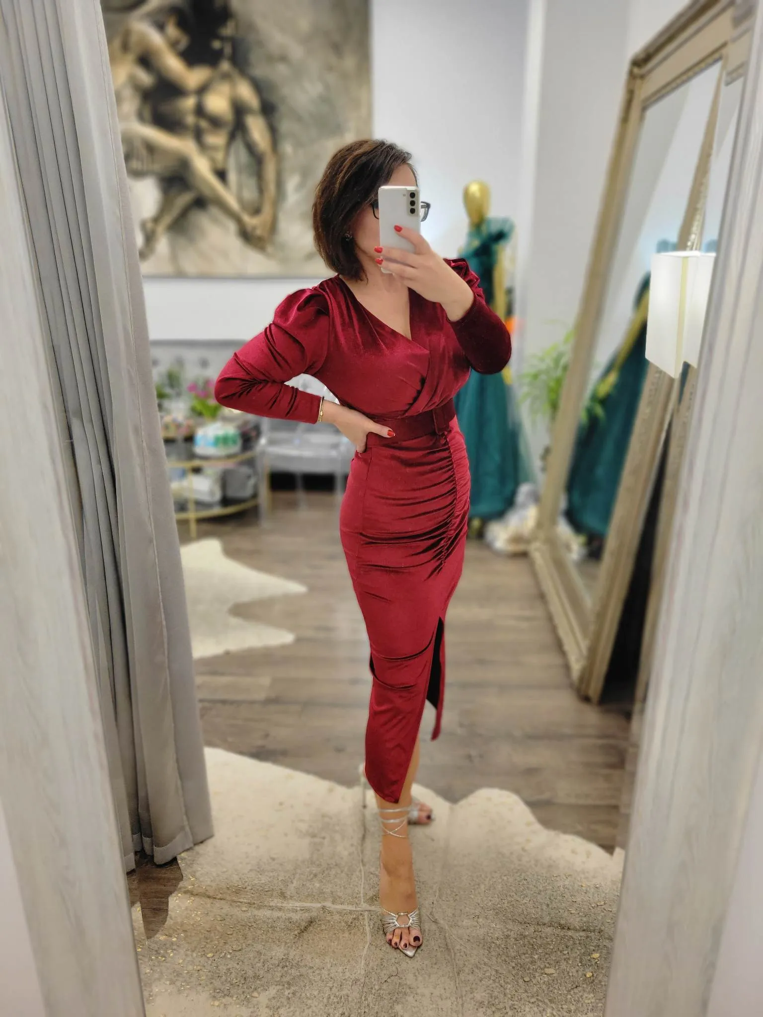 CLEARANCE - WINE VELVET MIDI DRESS WITH A  BELT