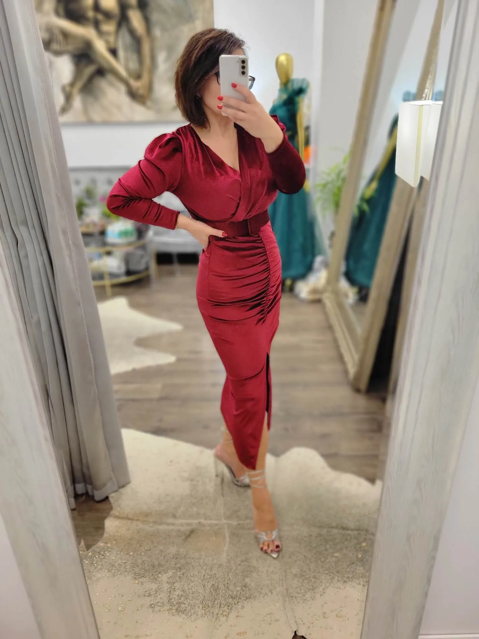 CLEARANCE - WINE VELVET MIDI DRESS WITH A  BELT