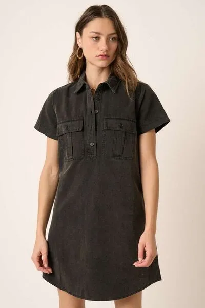 Collared Short Sleeve Shirt Dress