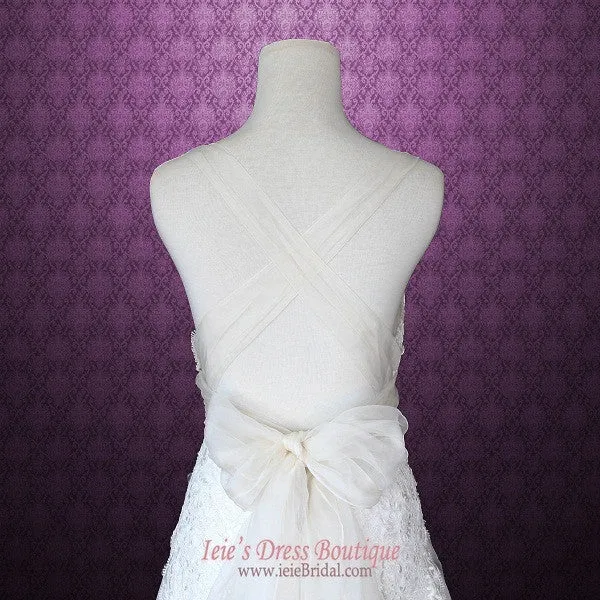 Cross Back Organza V Neck A-line Beach Lace Wedding Gown | MIKA