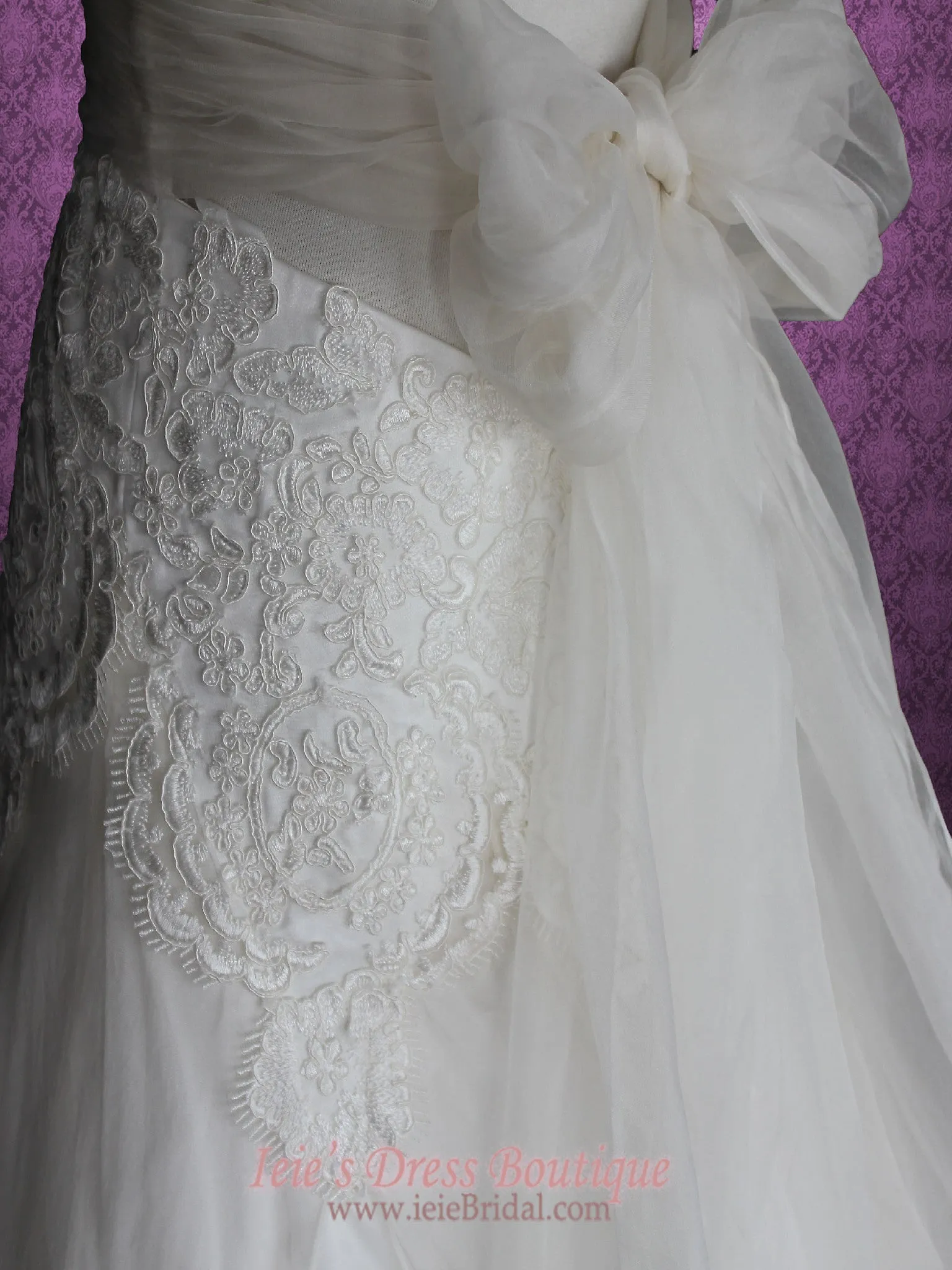 Cross Back Organza V Neck A-line Beach Lace Wedding Gown | MIKA
