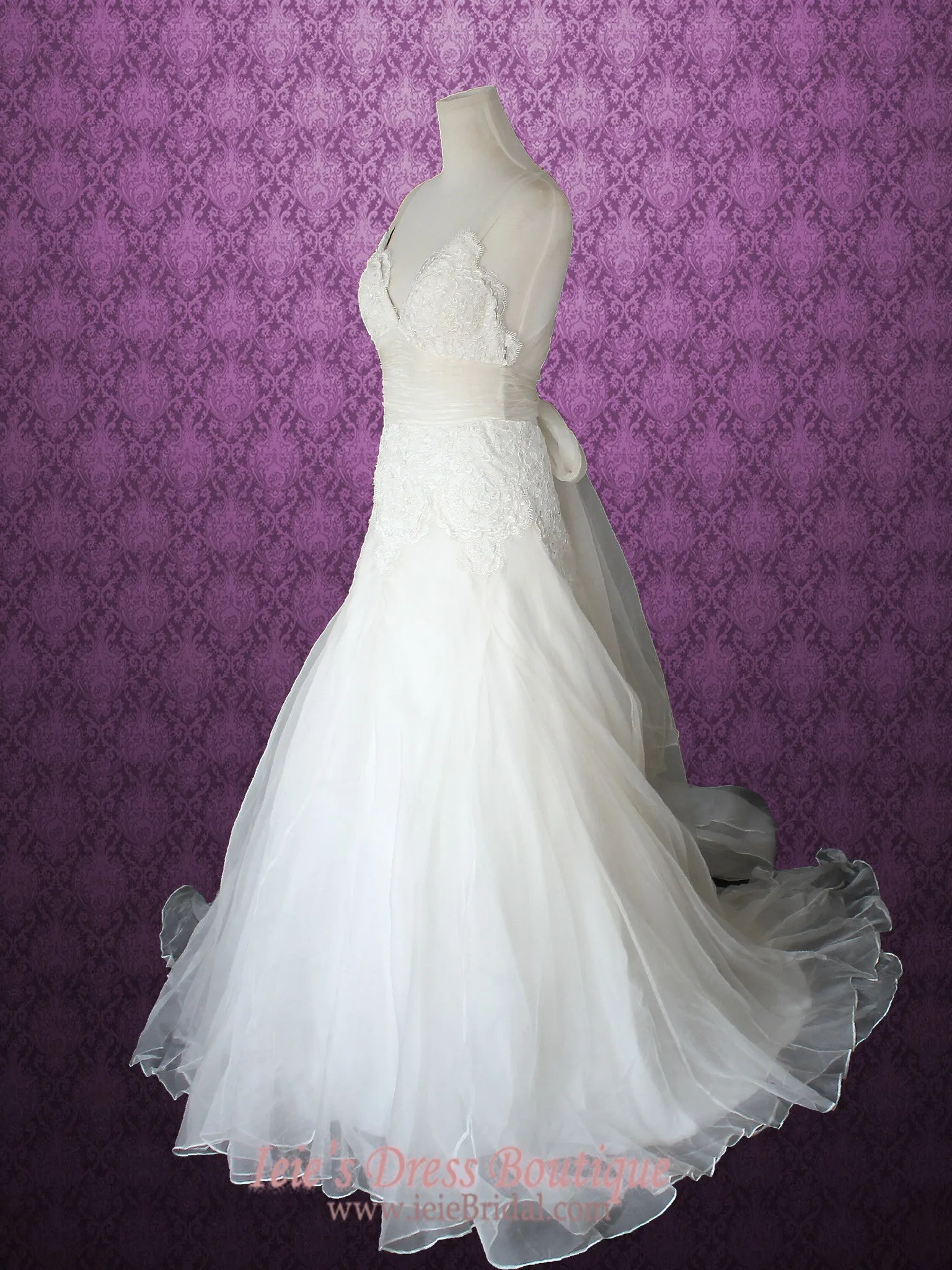 Cross Back Organza V Neck A-line Beach Lace Wedding Gown | MIKA