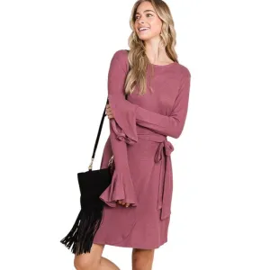 Culture Code Light Heathered Red Ruffle Long Sleeve Wrap Tie Dress CHD1390L