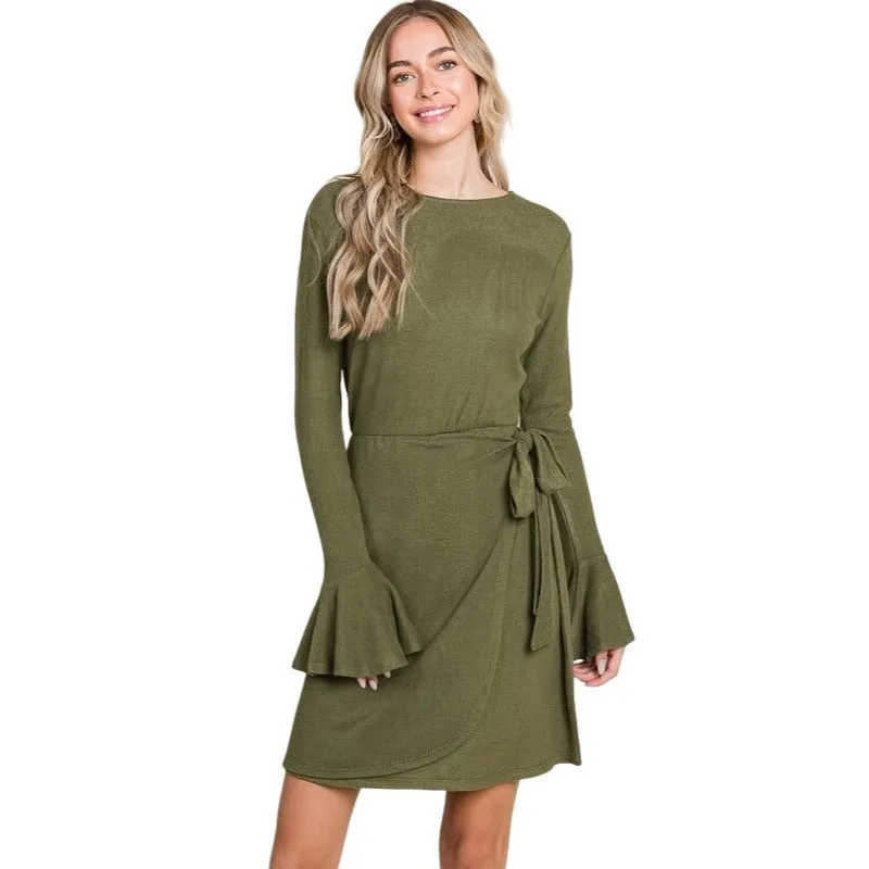 Culture Code Light Heathered Red Ruffle Long Sleeve Wrap Tie Dress CHD1390L