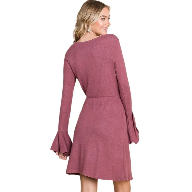 Culture Code Light Heathered Red Ruffle Long Sleeve Wrap Tie Dress CHD1390L