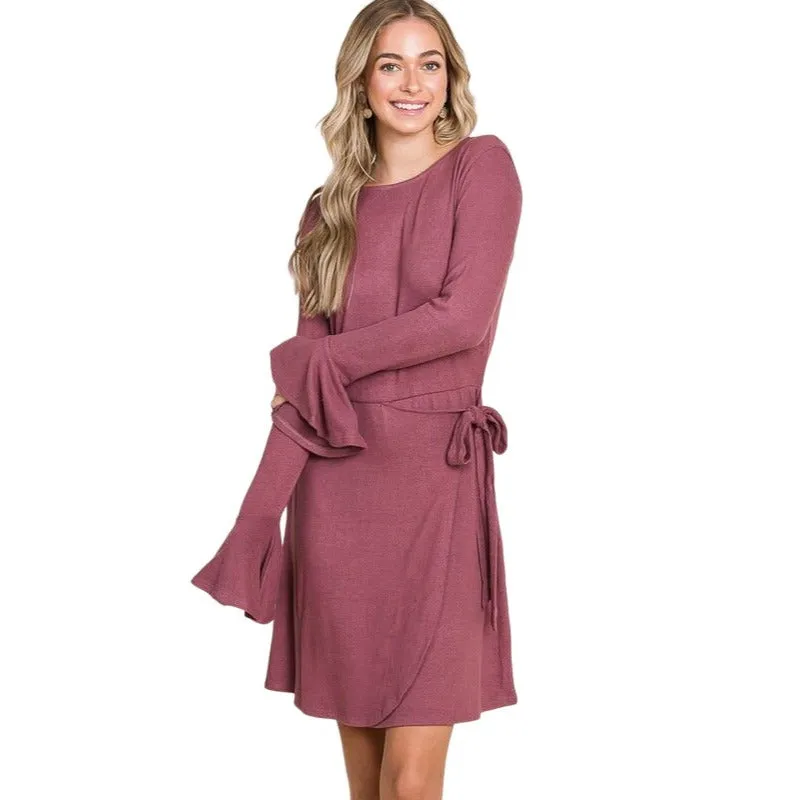Culture Code Light Heathered Red Ruffle Long Sleeve Wrap Tie Dress CHD1390L