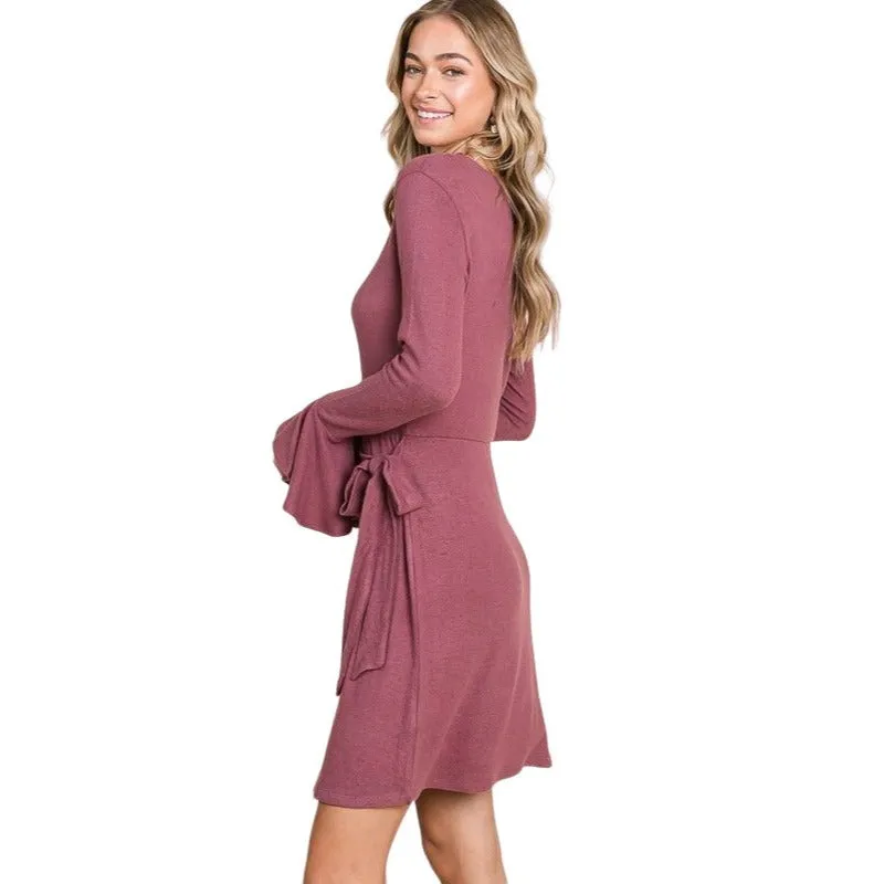Culture Code Light Heathered Red Ruffle Long Sleeve Wrap Tie Dress CHD1390L