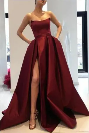 Curved Strapless Burgundy Prom Gowns Slit Side
