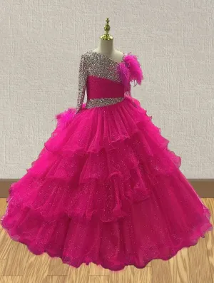 Custom Little Girls Fuchsia Pageant Gown with Feather