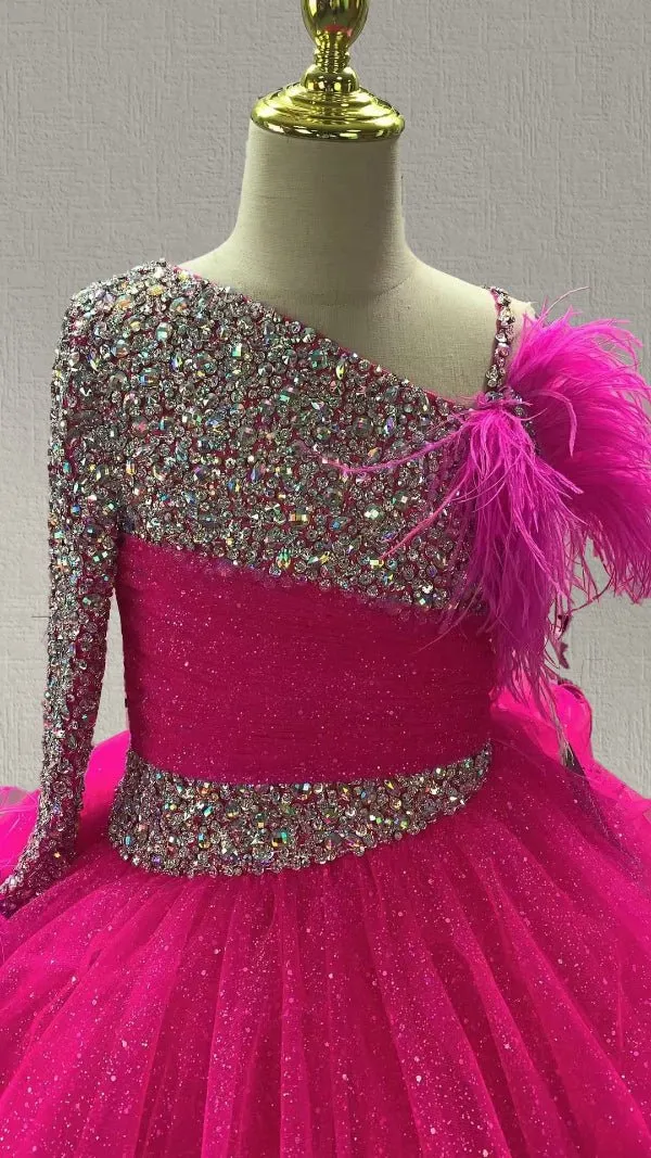Custom Little Girls Fuchsia Pageant Gown with Feather