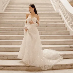 Customized Off Shoulder Sparkle Beading Wedding Gowns Zipper Sweetheart Shining A Line Bridal Dress Detachable Sequins Cuffs