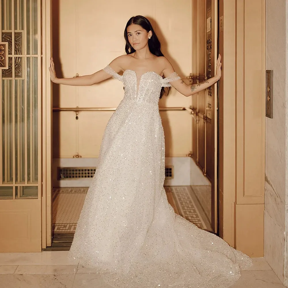Customized Off Shoulder Sparkle Beading Wedding Gowns Zipper Sweetheart Shining A Line Bridal Dress Detachable Sequins Cuffs