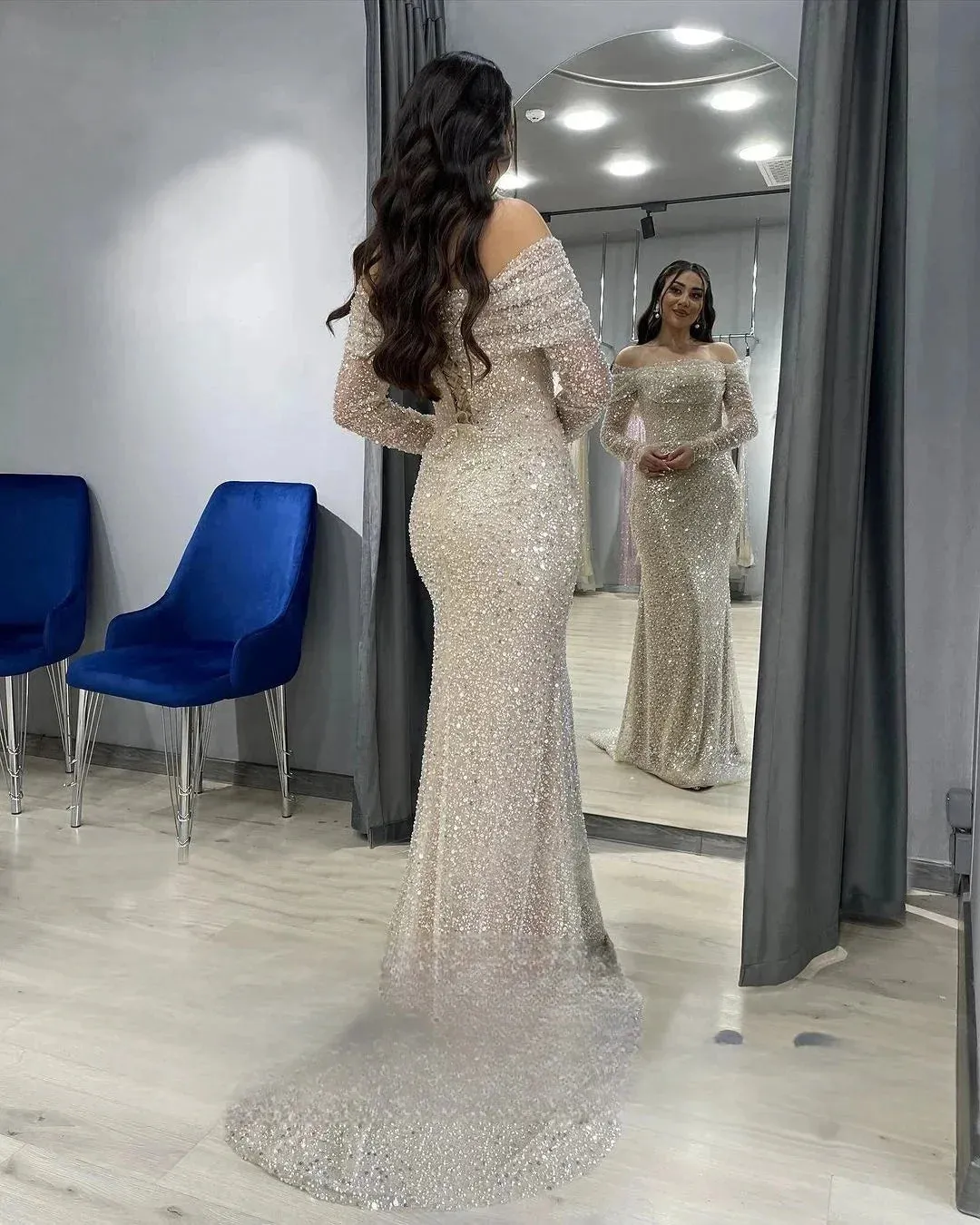 Customized Sparkly Champagne Beading Sequined Pearls Mermaid Prom Dresses Off Shoulder Evening Gowns Formal Dress Wedding Dress