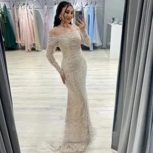 Customized Sparkly Champagne Beading Sequined Pearls Mermaid Prom Dresses Off Shoulder Evening Gowns Formal Dress Wedding Dress