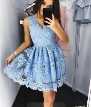 Cute blue lace short prom dress, blue lace homecoming dress