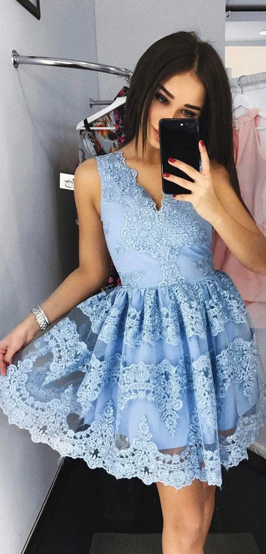 Cute blue lace short prom dress, blue lace homecoming dress