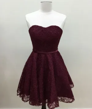 Cute burgundy lace short prom dress, burgundy short homecoming dress