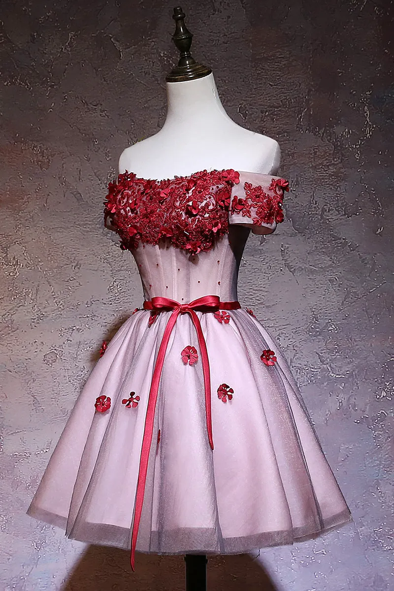 Cute Red Off Shoulder Tulle Lace Applique Homecoming Dress, Red Short Prom Dress