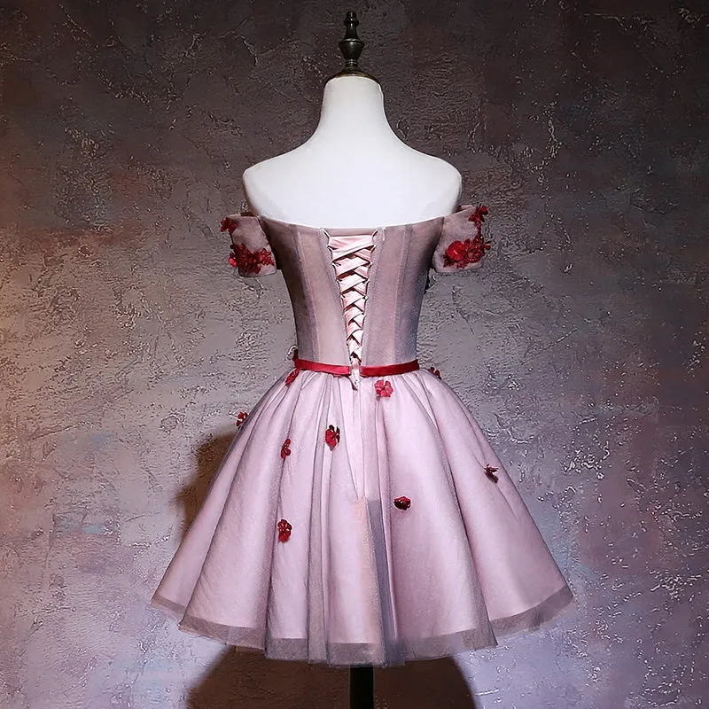 Cute Red Off Shoulder Tulle Lace Applique Homecoming Dress, Red Short Prom Dress