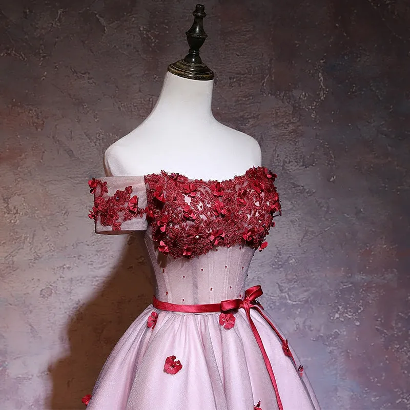 Cute Red Off Shoulder Tulle Lace Applique Homecoming Dress, Red Short Prom Dress