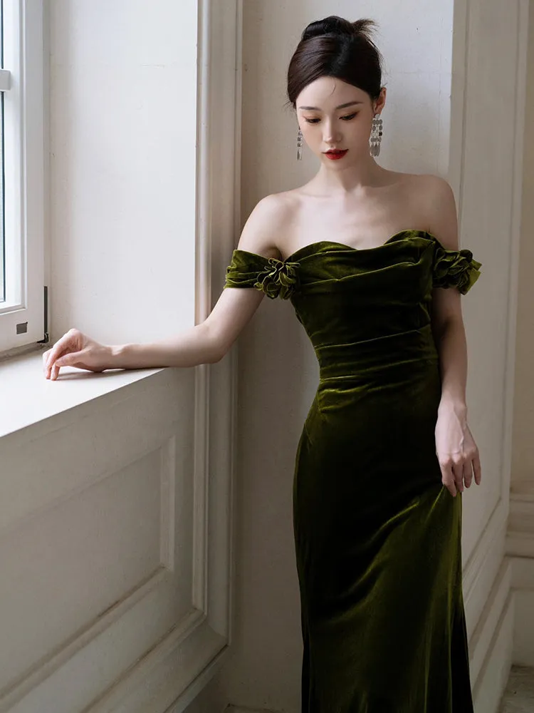 Dark Green Mermaid Velvet Off Shoulder Party Dress, Dark Green Prom Dress