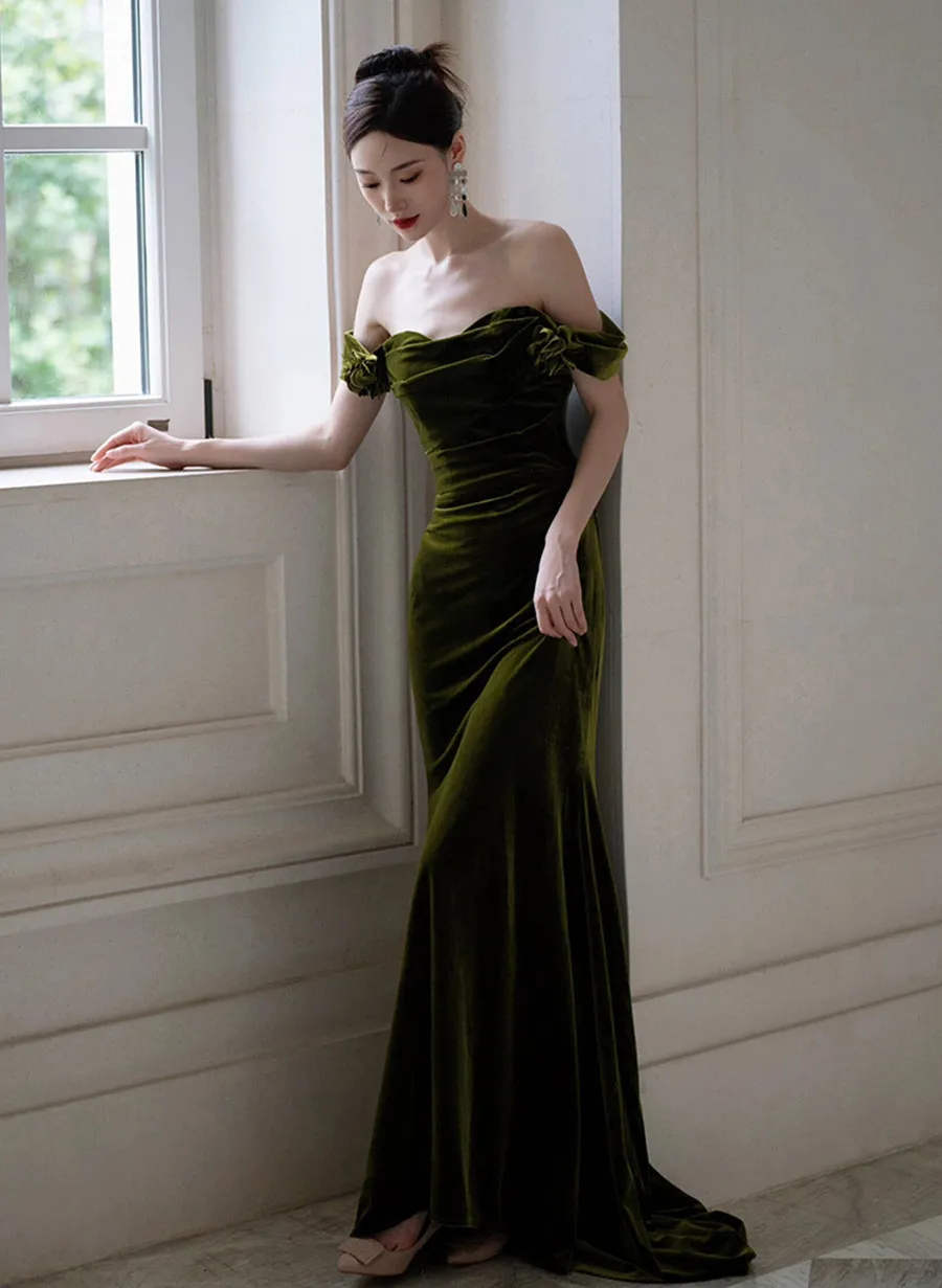 Dark Green Mermaid Velvet Off Shoulder Party Dress, Dark Green Prom Dress